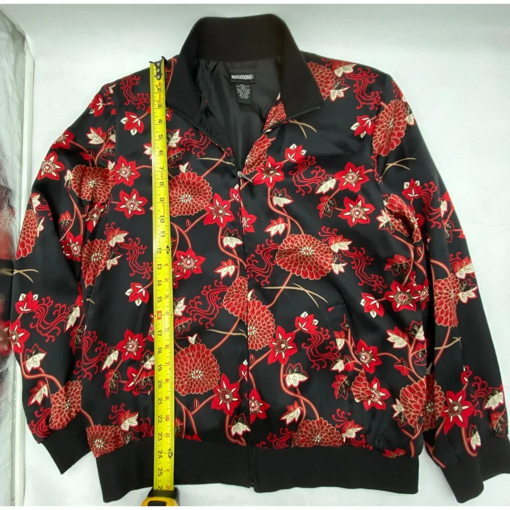 Notations Silk Bomber Jacket Womens Large Black Red Floral Chrysanthemum Zip Up - Picture 5 of 7